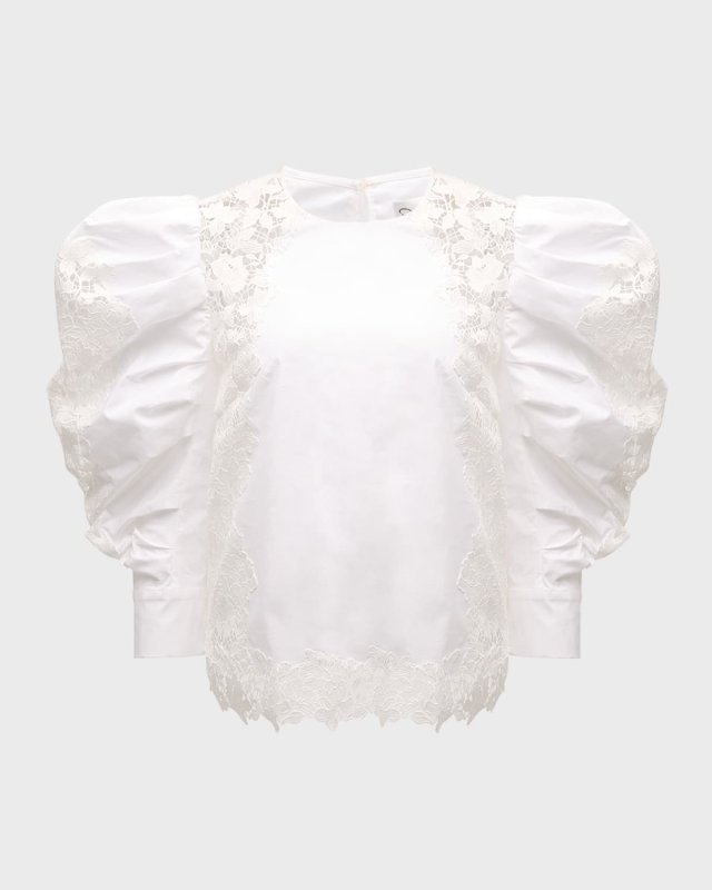 Draped-Sleeve Gardenia Guipure Cotton Blouse